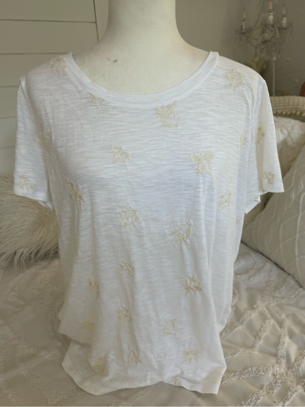 J. Jill White Short-Sleeve Tee with Cream Embroidery